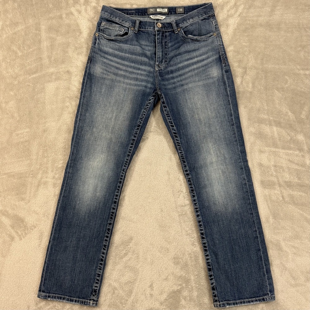 Buckle BKE Jeans Mens 33R Blue Tyler Straight Relaxed Stretch Flex Whiskered